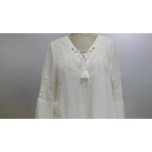 V-neck Women's Blouse Long Sleeve With Lace Pannel
